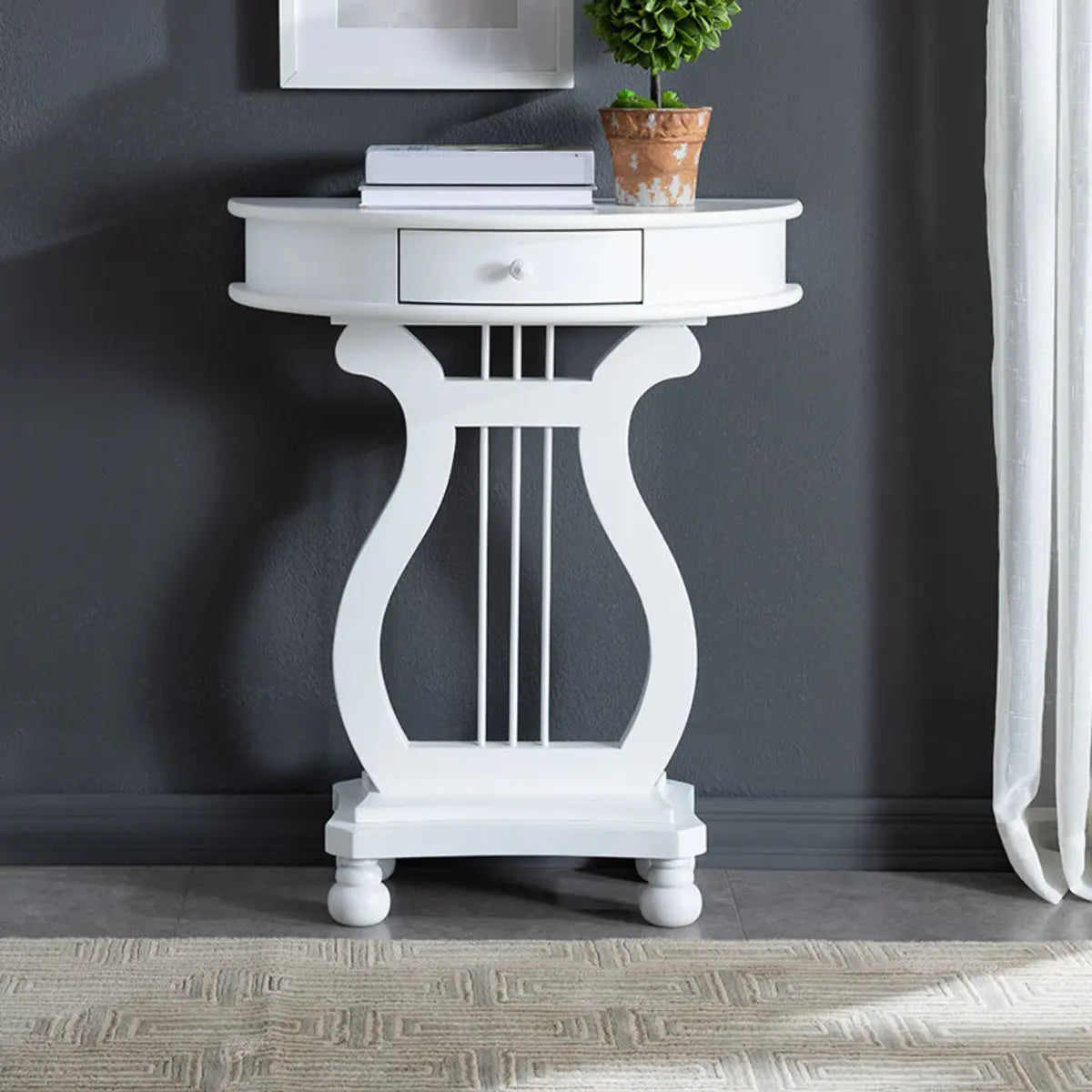 White Half Moon Wood Storage Console Table with Drawer Image - 1