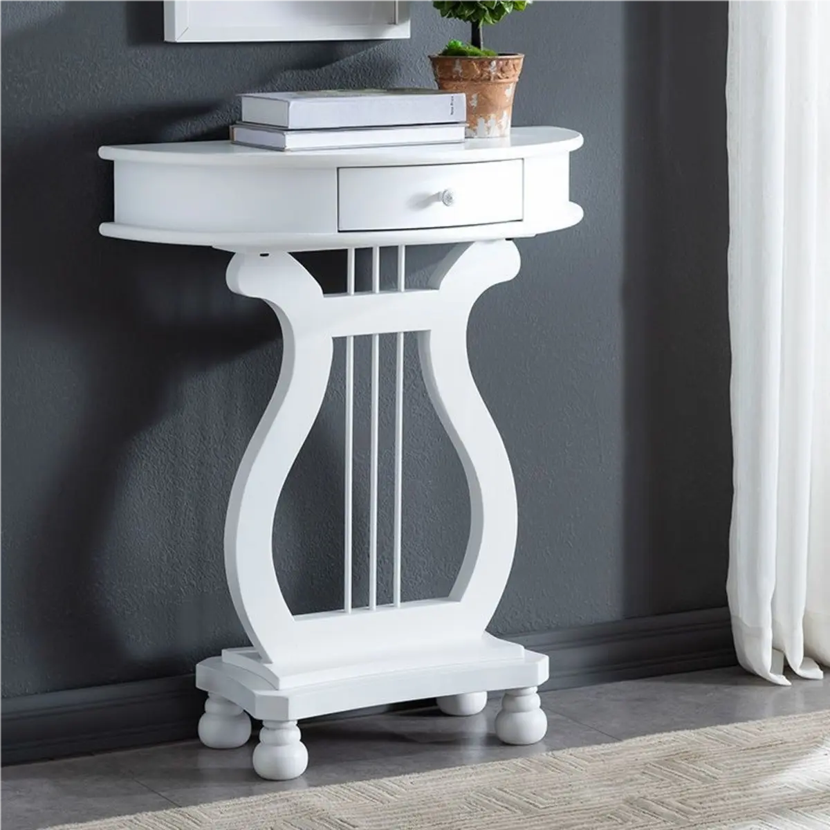 White Half Moon Wood Storage Console Table with Drawer Image - 2