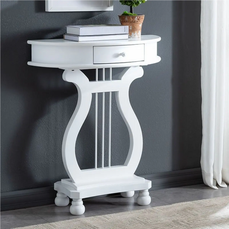 White Half Moon Wood Storage Console Table with Drawer Image - 2