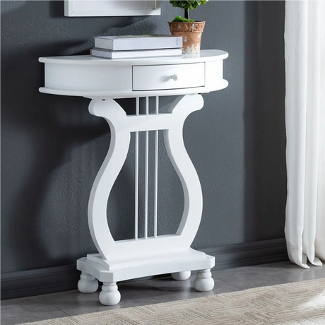 White Half Moon Wood Storage Console Table with Drawer Image - 2