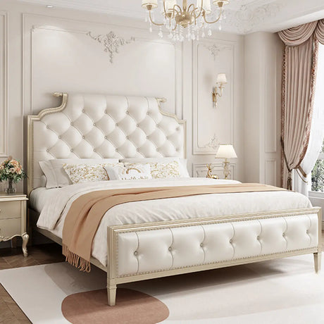 White Headboard Elegant King Upholstered Leather Bed Image - 1