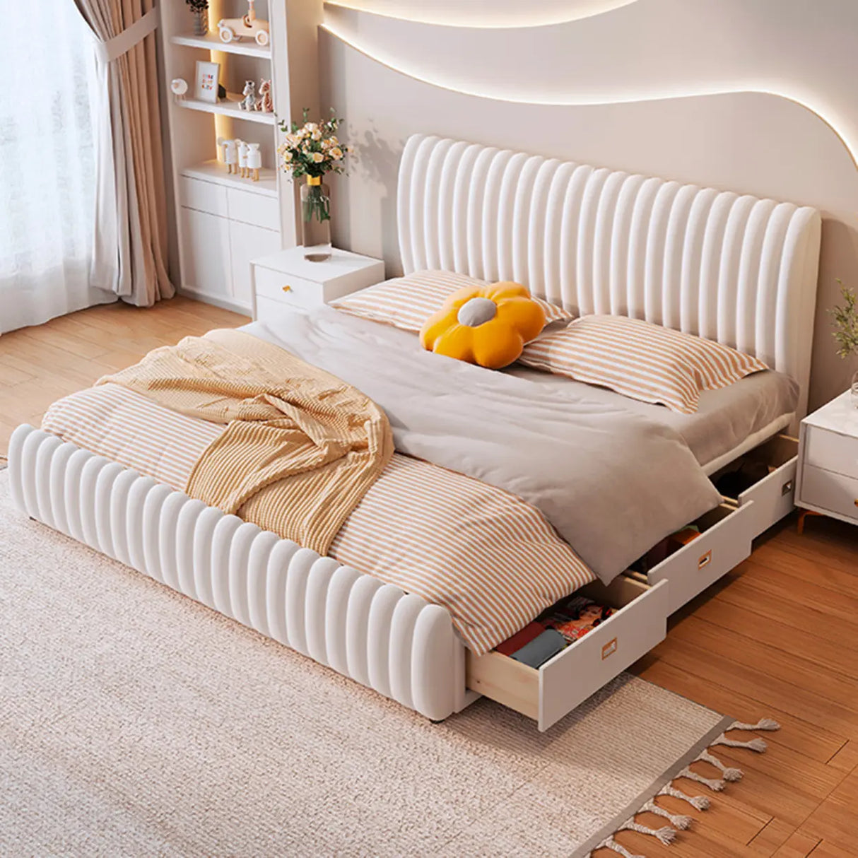 White Headboard Queen Upholstered Storage Included Bed Image - 2