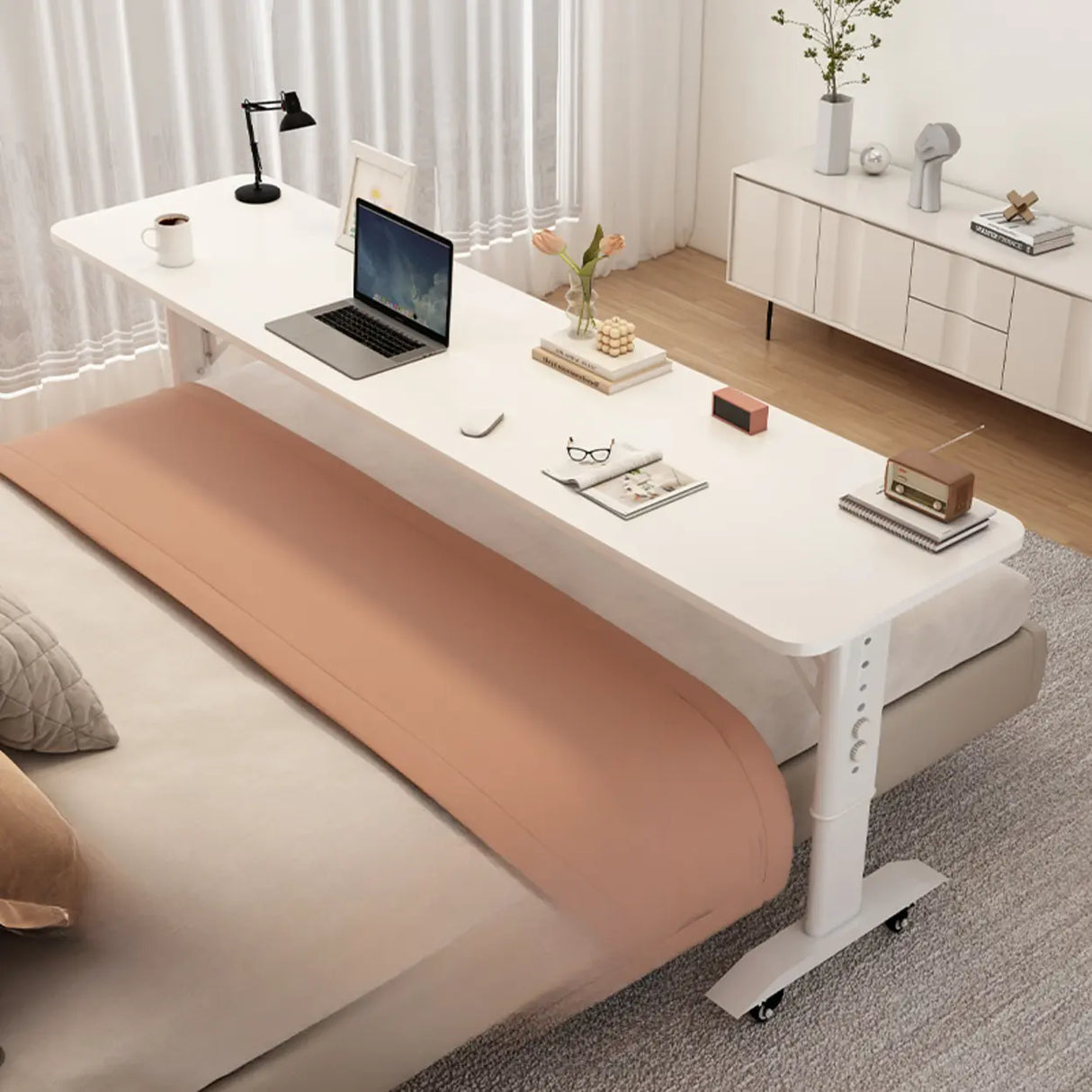 White Height-Adjustable Wood Computer Desk with Wheels Image - 3