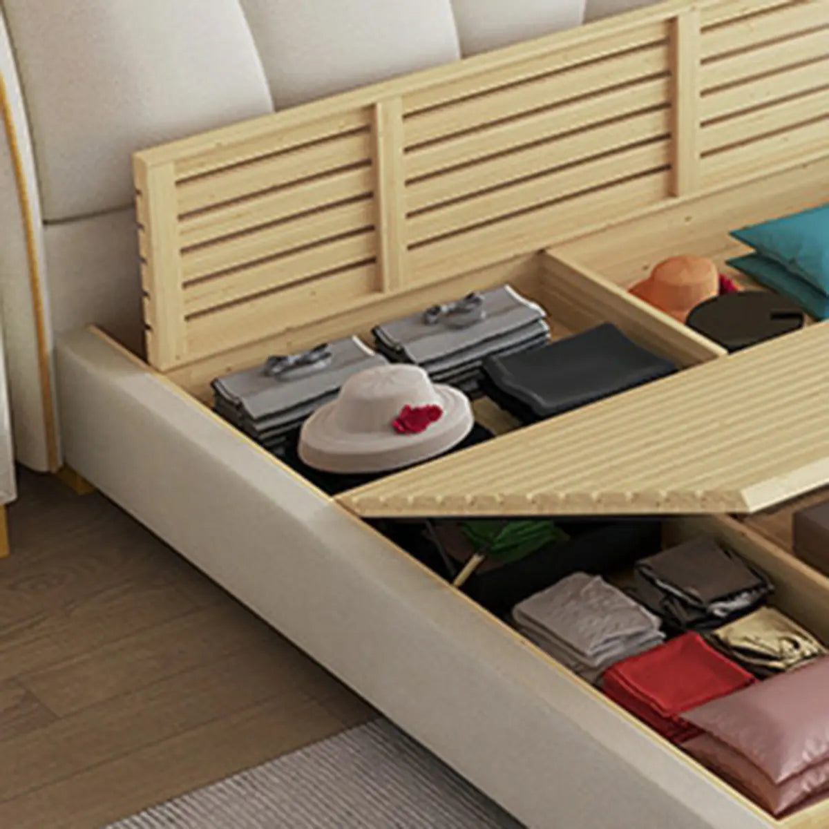 White King Scalloped Upholstered Lift Up Storage Bed Image - 9