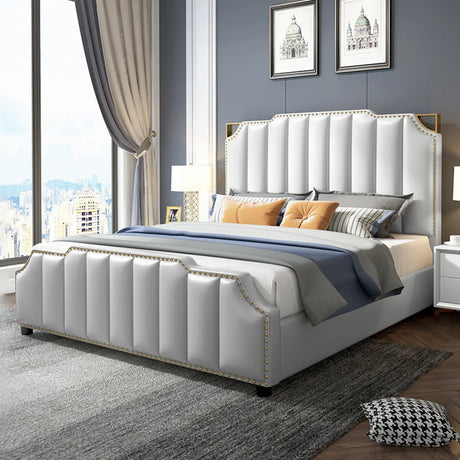 White King Upholstered Headboard Leather Modern Panel Bed Image - 1