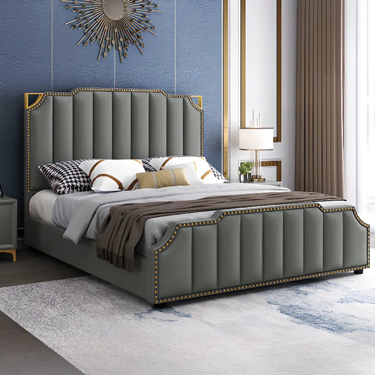 White King Upholstered Headboard Leather Modern Panel Bed Image - 11