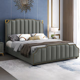 White King Upholstered Headboard Leather Modern Panel Bed Image - 11