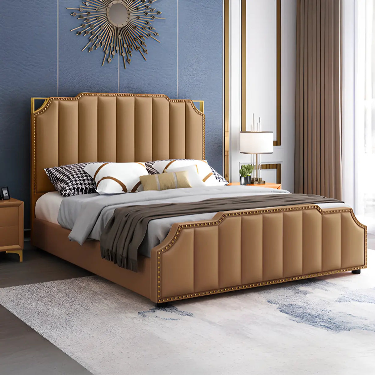 White King Upholstered Headboard Leather Modern Panel Bed Image - 12
