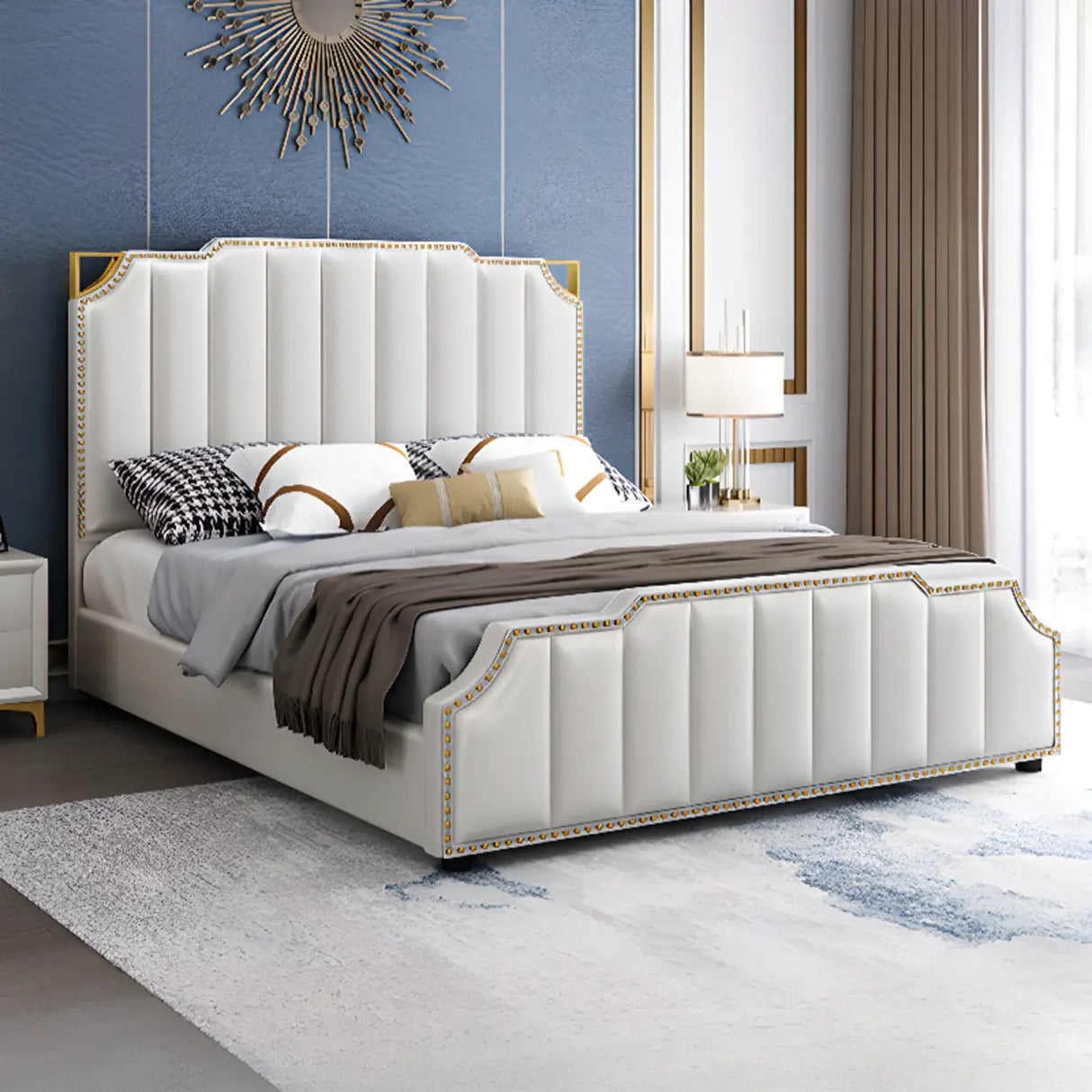 White King Upholstered Headboard Leather Modern Panel Bed Image - 13