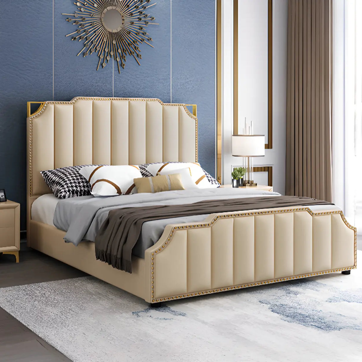 White King Upholstered Headboard Leather Modern Panel Bed Image - 14