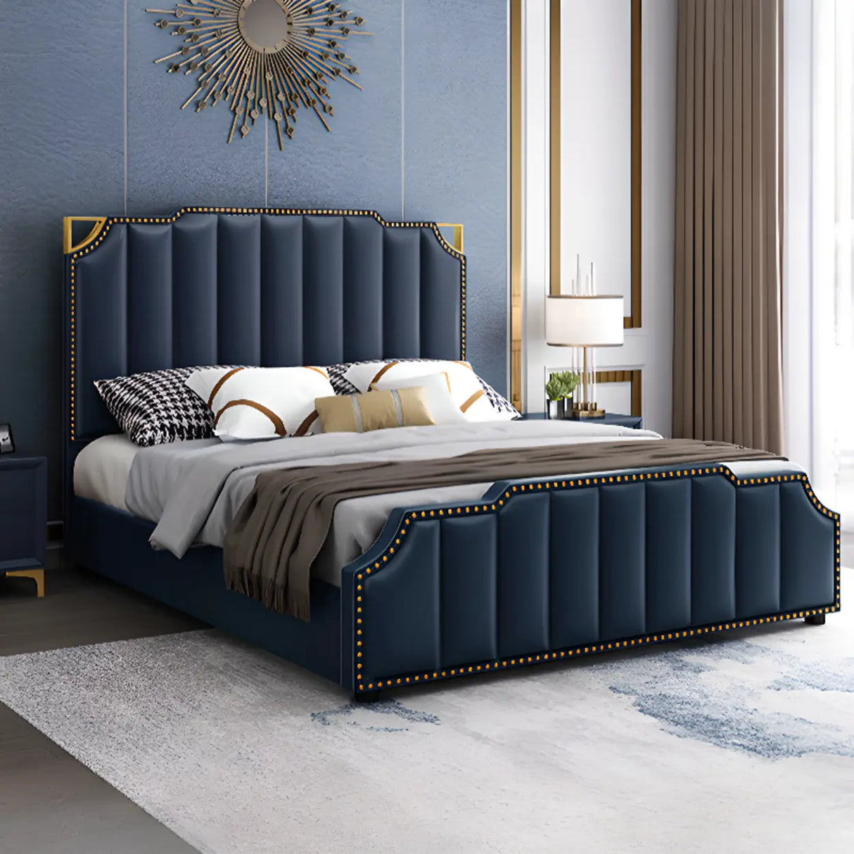 White King Upholstered Headboard Leather Modern Panel Bed Image - 15