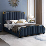 White King Upholstered Headboard Leather Modern Panel Bed Image - 15