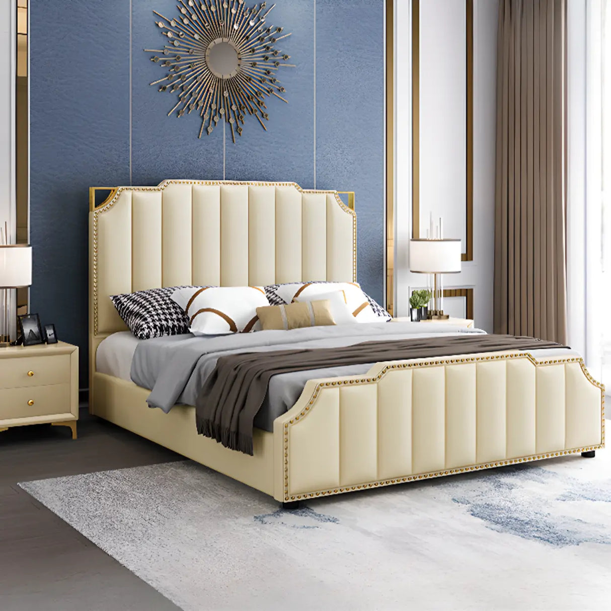White King Upholstered Headboard Leather Modern Panel Bed Image - 16