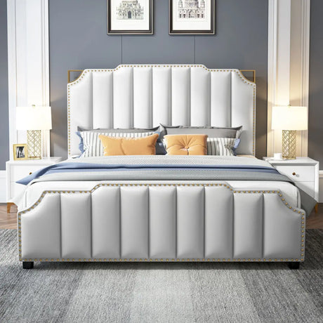 White King Upholstered Headboard Leather Modern Panel Bed Image - 2