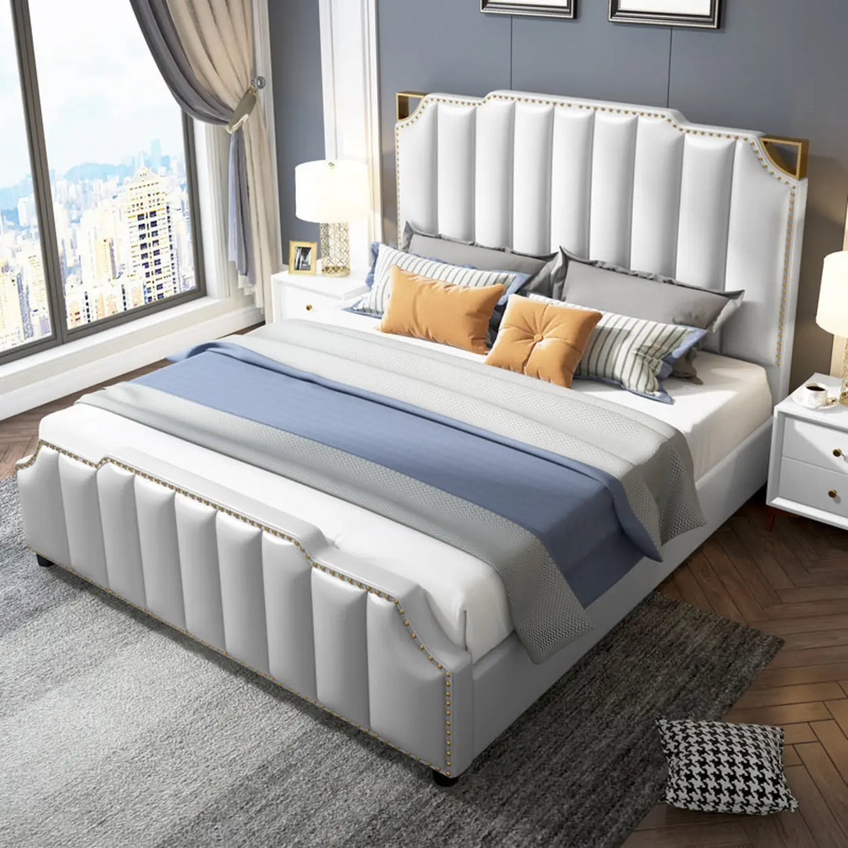 White King Upholstered Headboard Leather Modern Panel Bed Image - 3