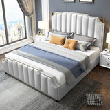 White King Upholstered Headboard Leather Modern Panel Bed Image - 3