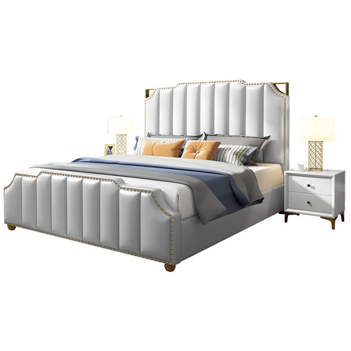 White King Upholstered Headboard Leather Modern Panel Bed Image - 4