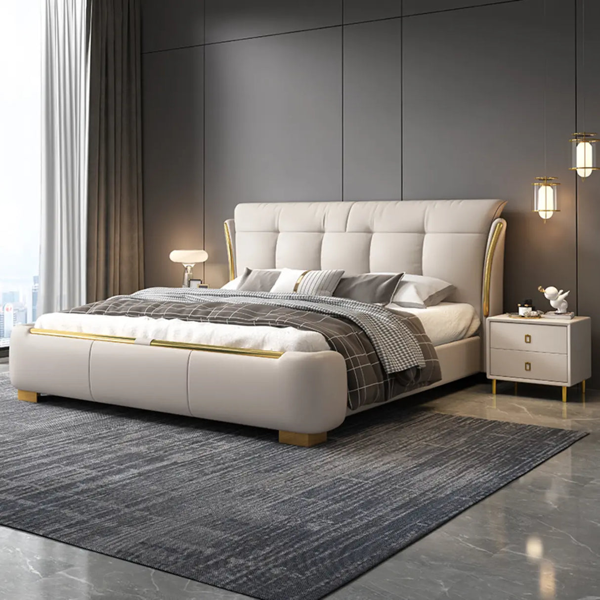 White King Upholstered Leather Modern Wingback Bed Image - 1