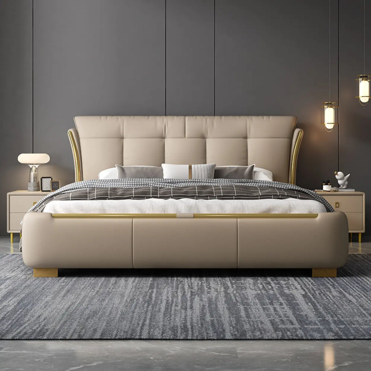 White King Upholstered Leather Modern Wingback Bed Image - 3