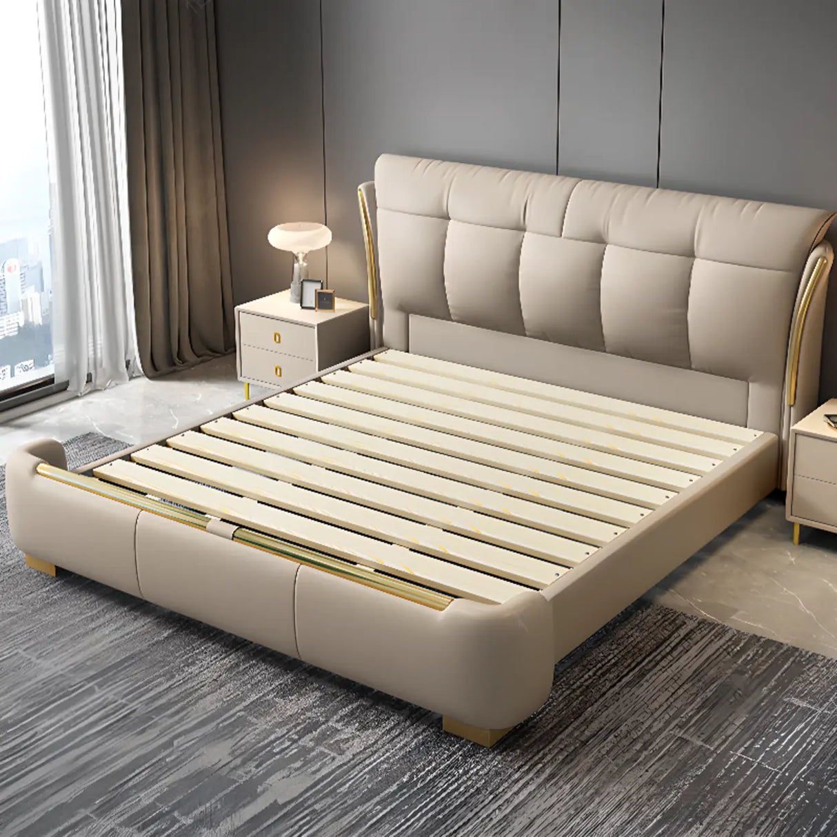 White King Upholstered Leather Modern Wingback Bed Image - 7