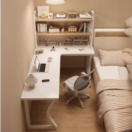 White L-Shape Wooden Writing Desk with Shelves Image - 1