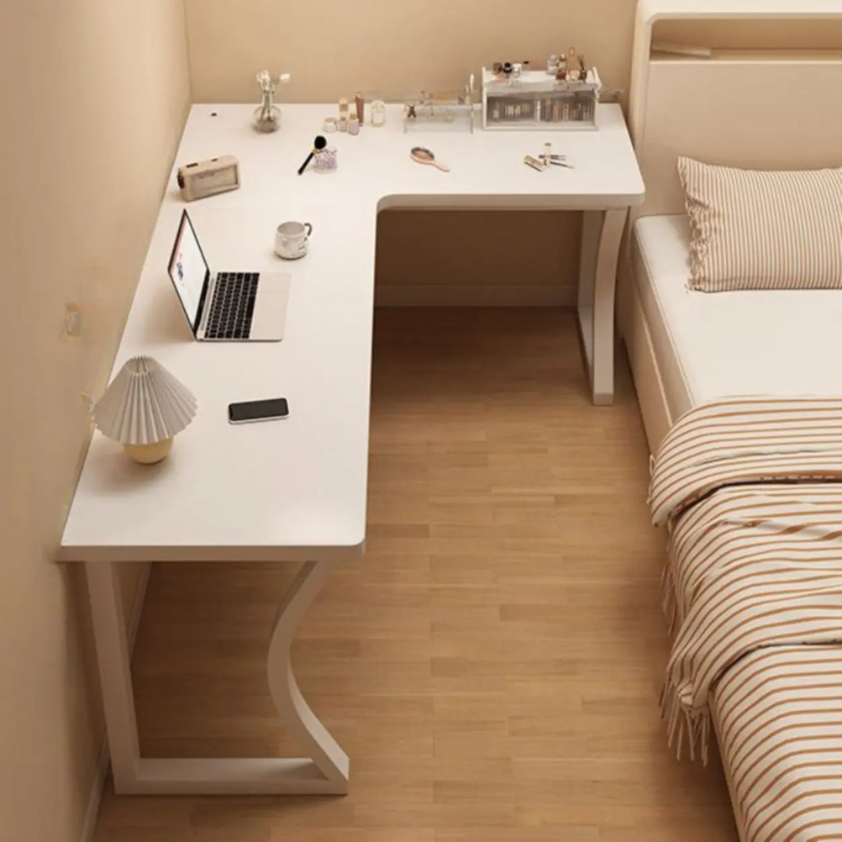 White L-Shape Wooden Writing Desk with Shelves Image - 10