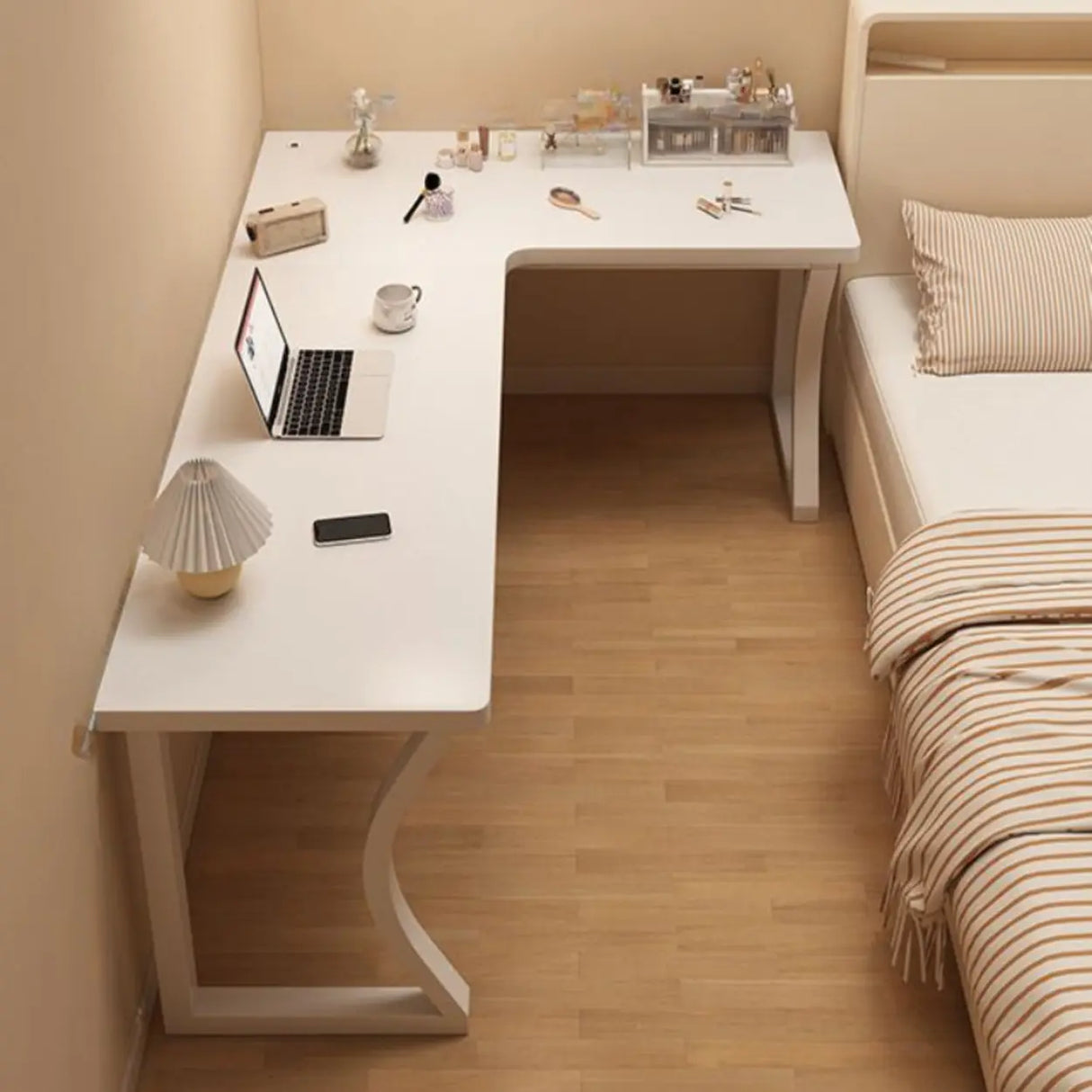 White L-Shape Wooden Writing Desk with Shelves Image - 12
