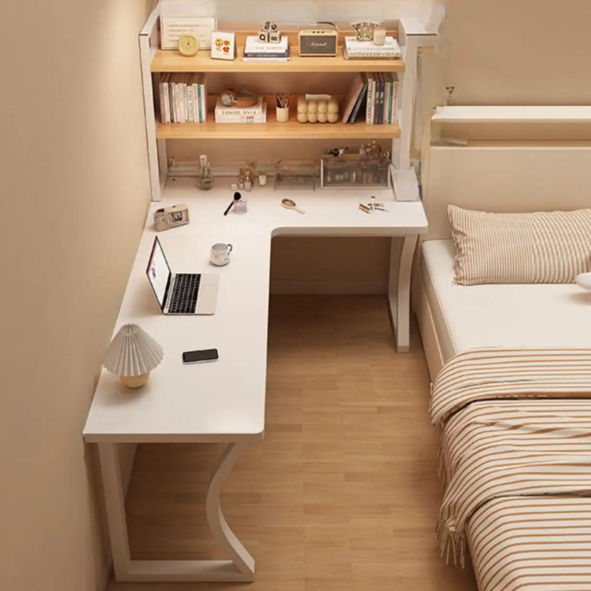 White L-Shape Wooden Writing Desk with Shelves Image - 13