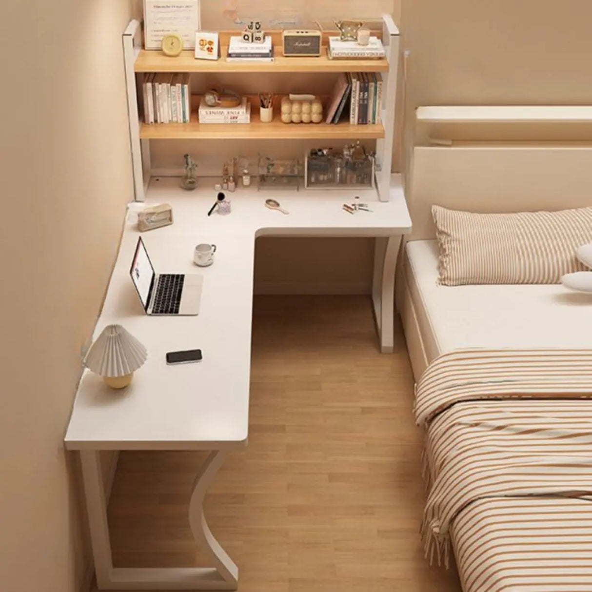 White L-Shape Wooden Writing Desk with Shelves Image - 14