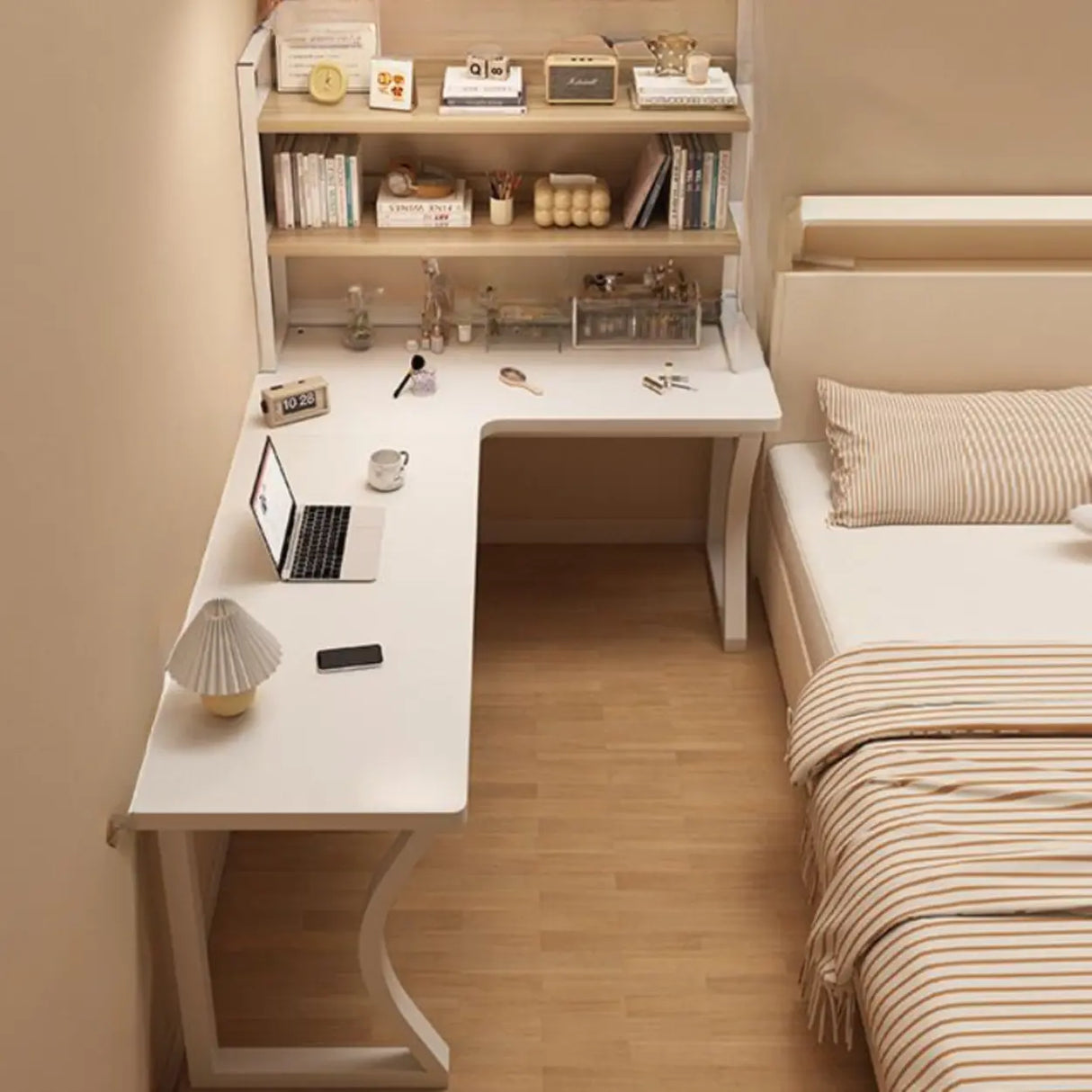 White L-Shape Wooden Writing Desk with Shelves Image - 15