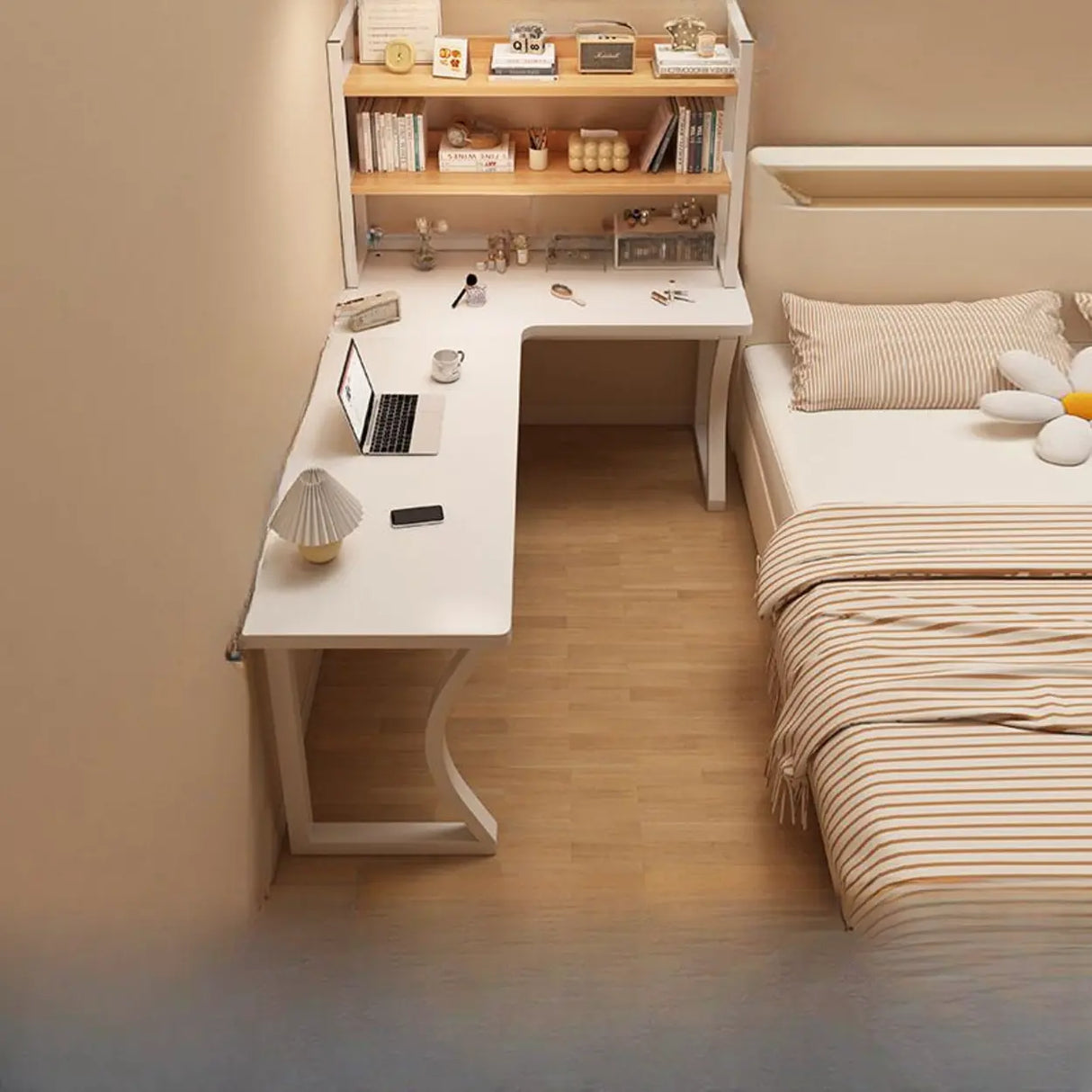 White L-Shape Wooden Writing Desk with Shelves Image - 3