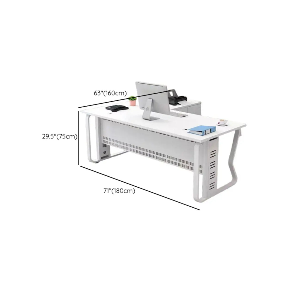 White L-Shaped Long Deep Wooden Executive Desk 