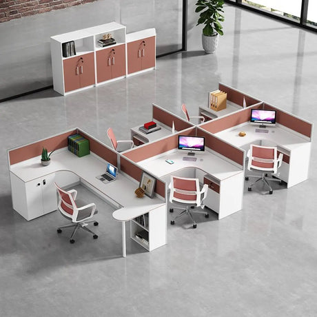 White L-shaped Multi-person Wooden Desk with Storage Image - 1