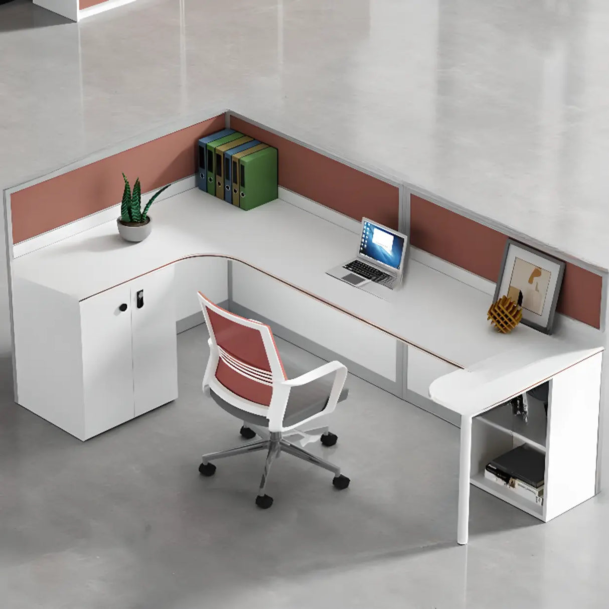 White L-shaped Multi-person Wooden Desk with Storage Image - 2