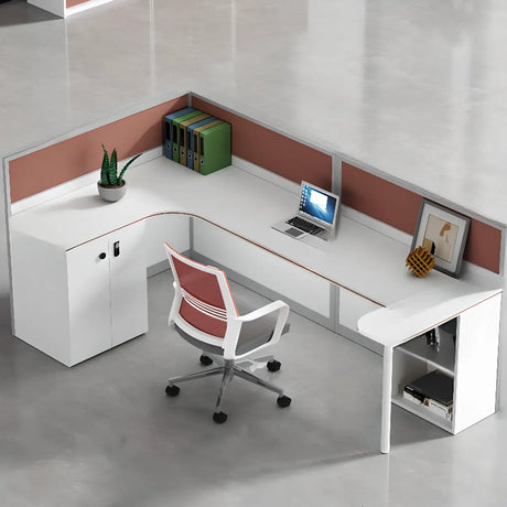 White L-shaped Multi-person Wooden Desk with Storage Image - 2