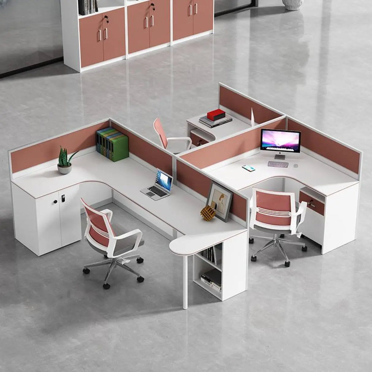White L-shaped Multi-person Wooden Desk with Storage Image - 3