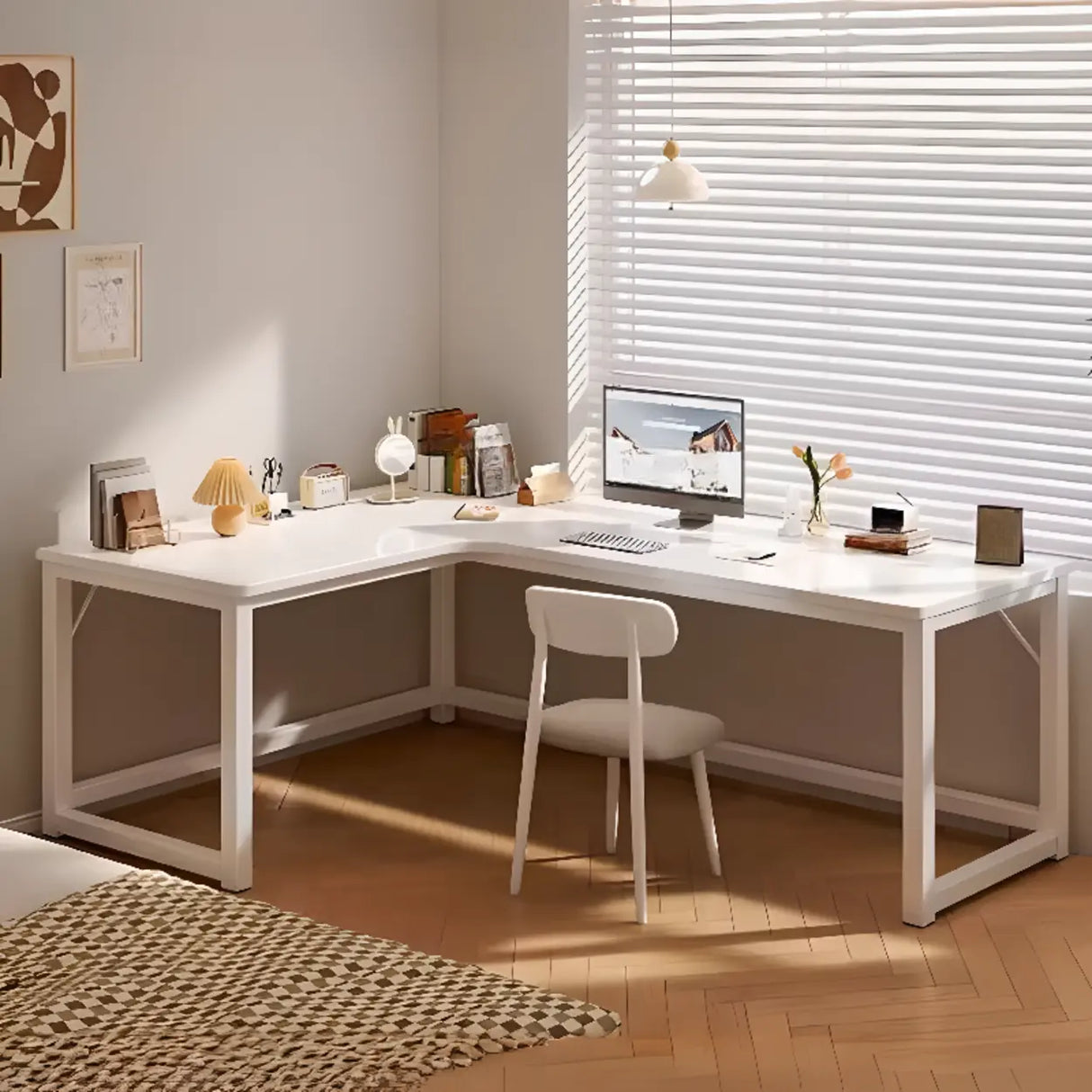 White L-Shaped Wooden Computer Desk with Desk Return Image - 3