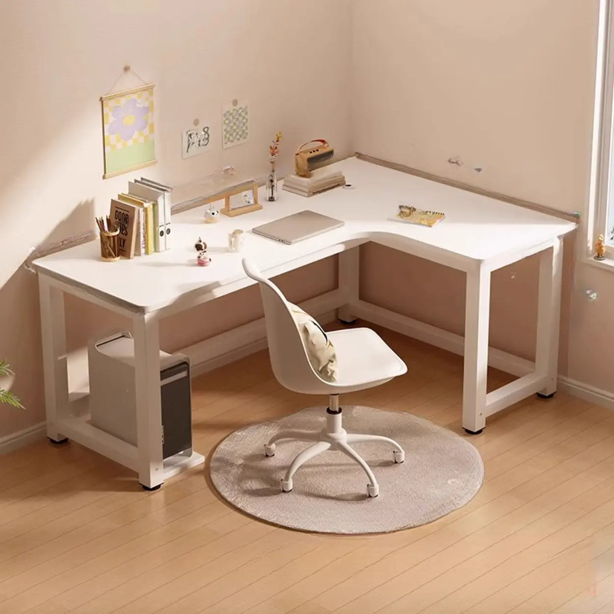 White L-Shaped Wooden Computer Desk with Desk Return Image - 4