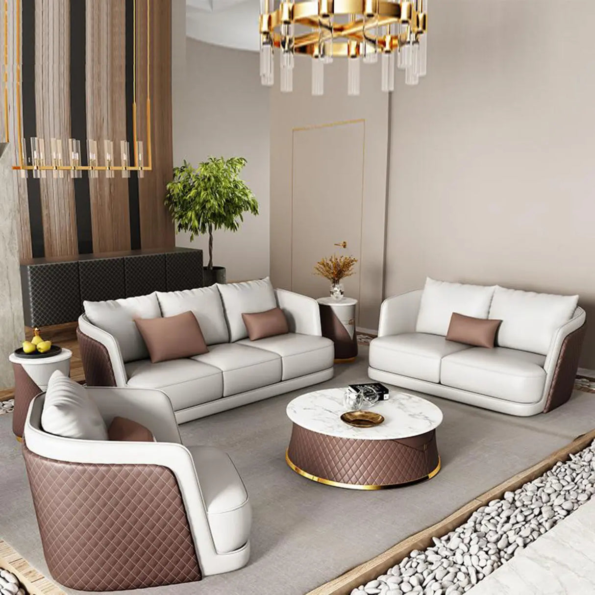 White Leather Lounge Three-Seater Sofa with Arms Image - 6