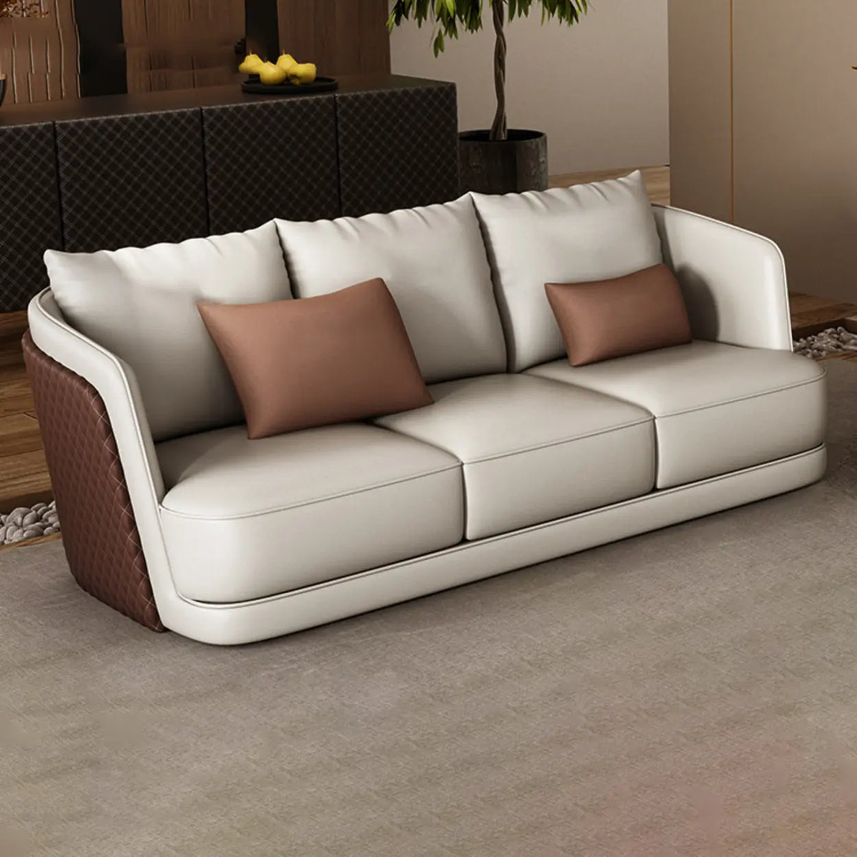 White Leather Lounge Three-Seater Sofa with Arms Image - 8