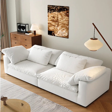 White Linen Pillow Back Wood Frame Sofa with Slipcover Image - 1