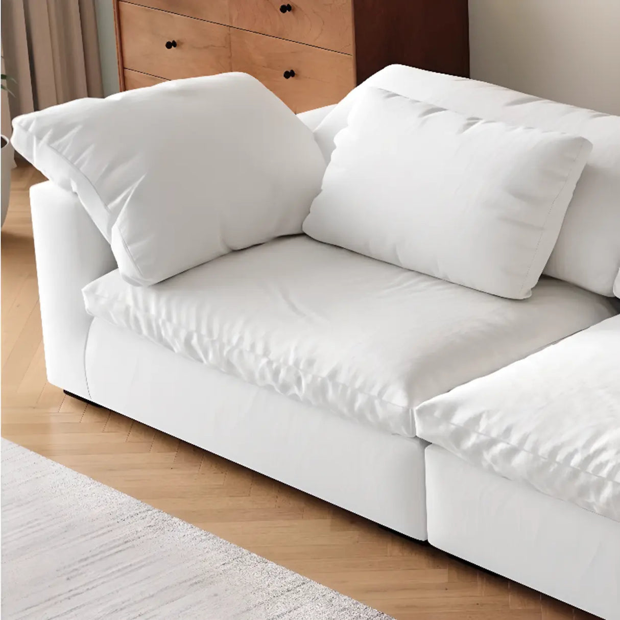 White Linen Pillow Back Wood Frame Sofa with Slipcover Image - 10