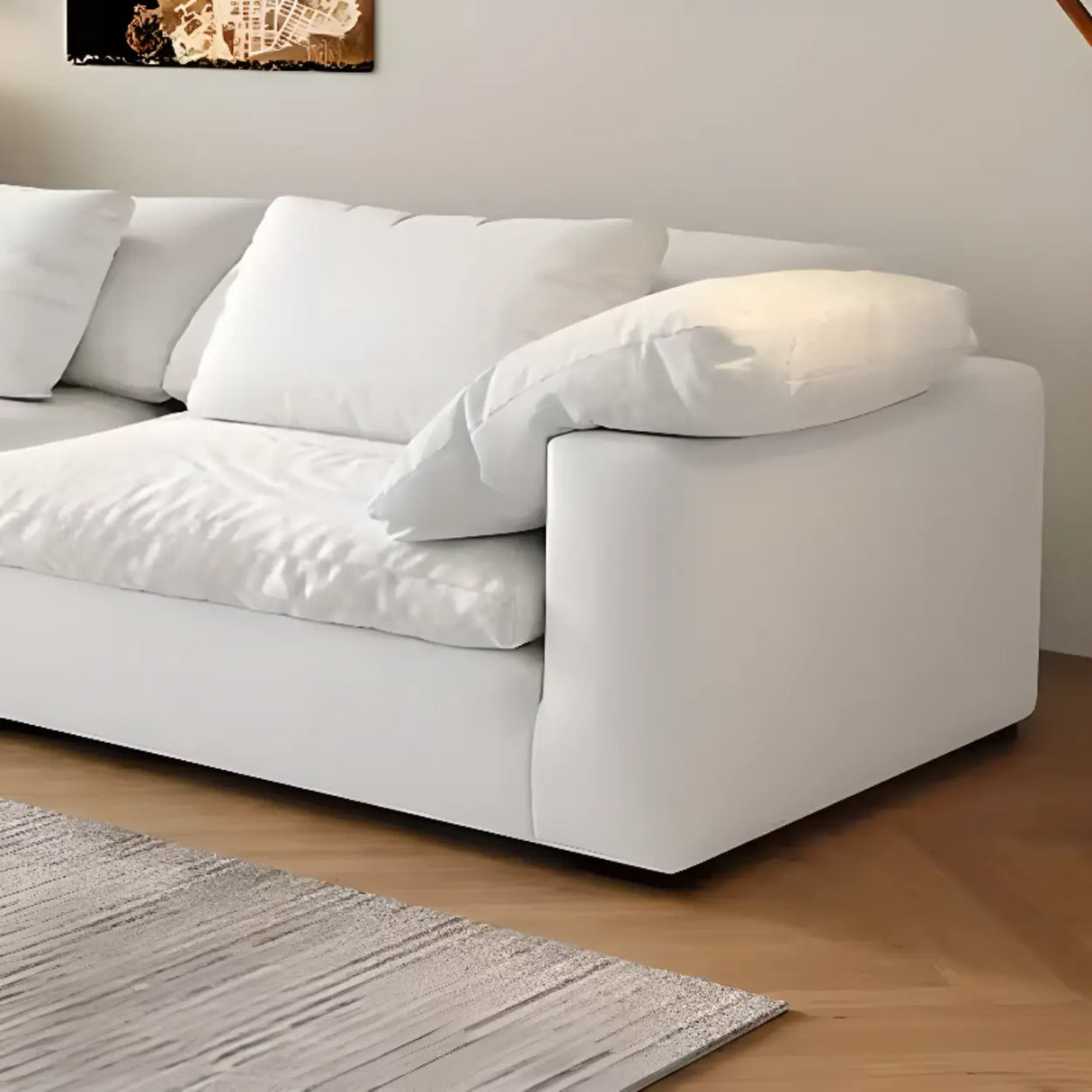 White Linen Pillow Back Wood Frame Sofa with Slipcover Image - 12
