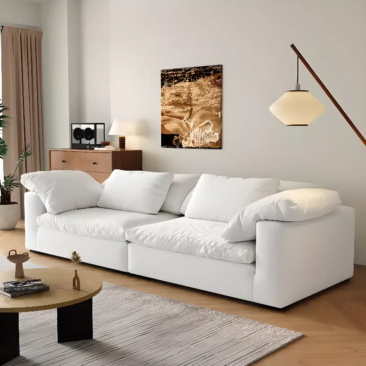 White Linen Pillow Back Wood Frame Sofa with Slipcover Image - 4