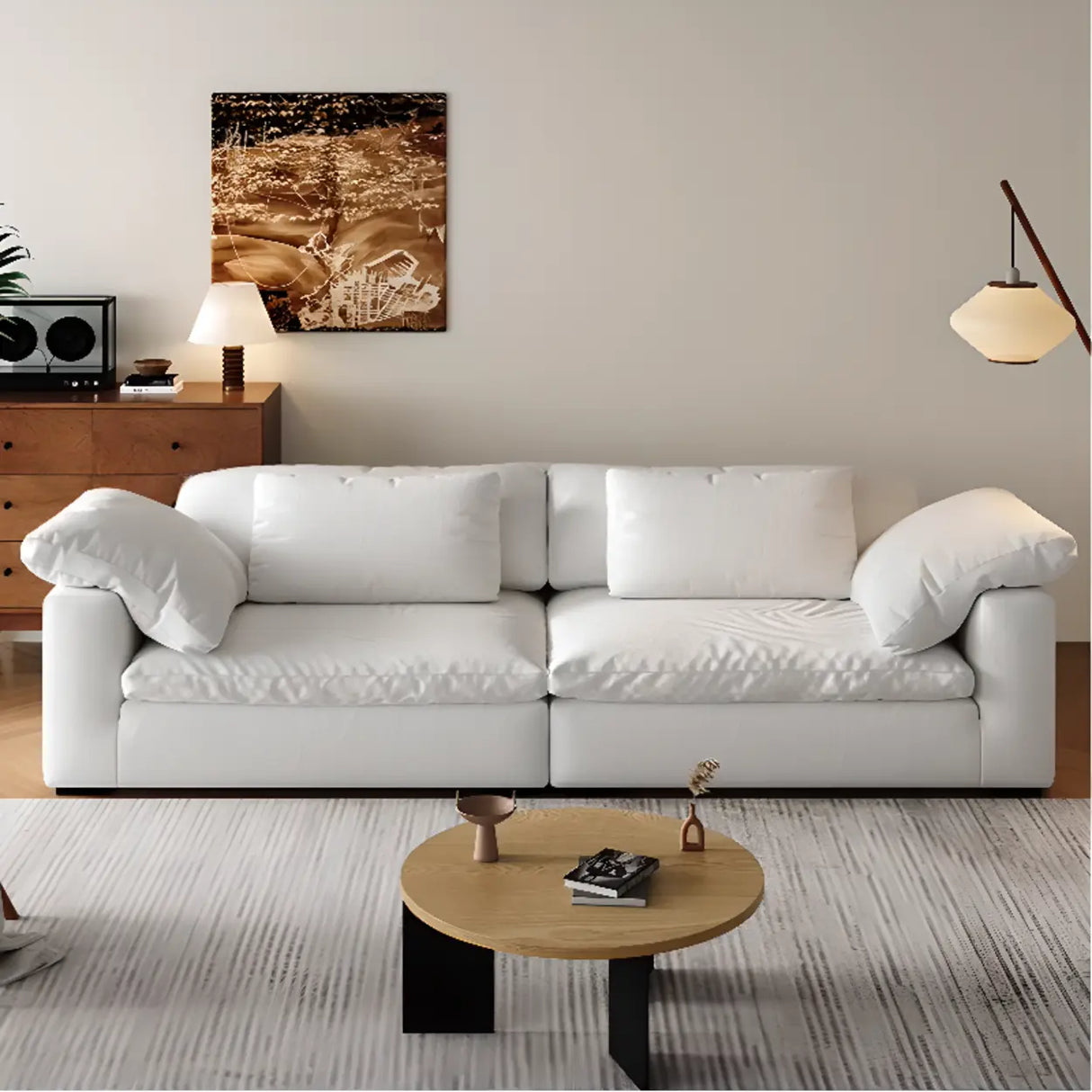 White Linen Pillow Back Wood Frame Sofa with Slipcover Image - 6