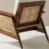 White Linen Recessed Arm Wooden Four Legs Arm Chair Image - 13