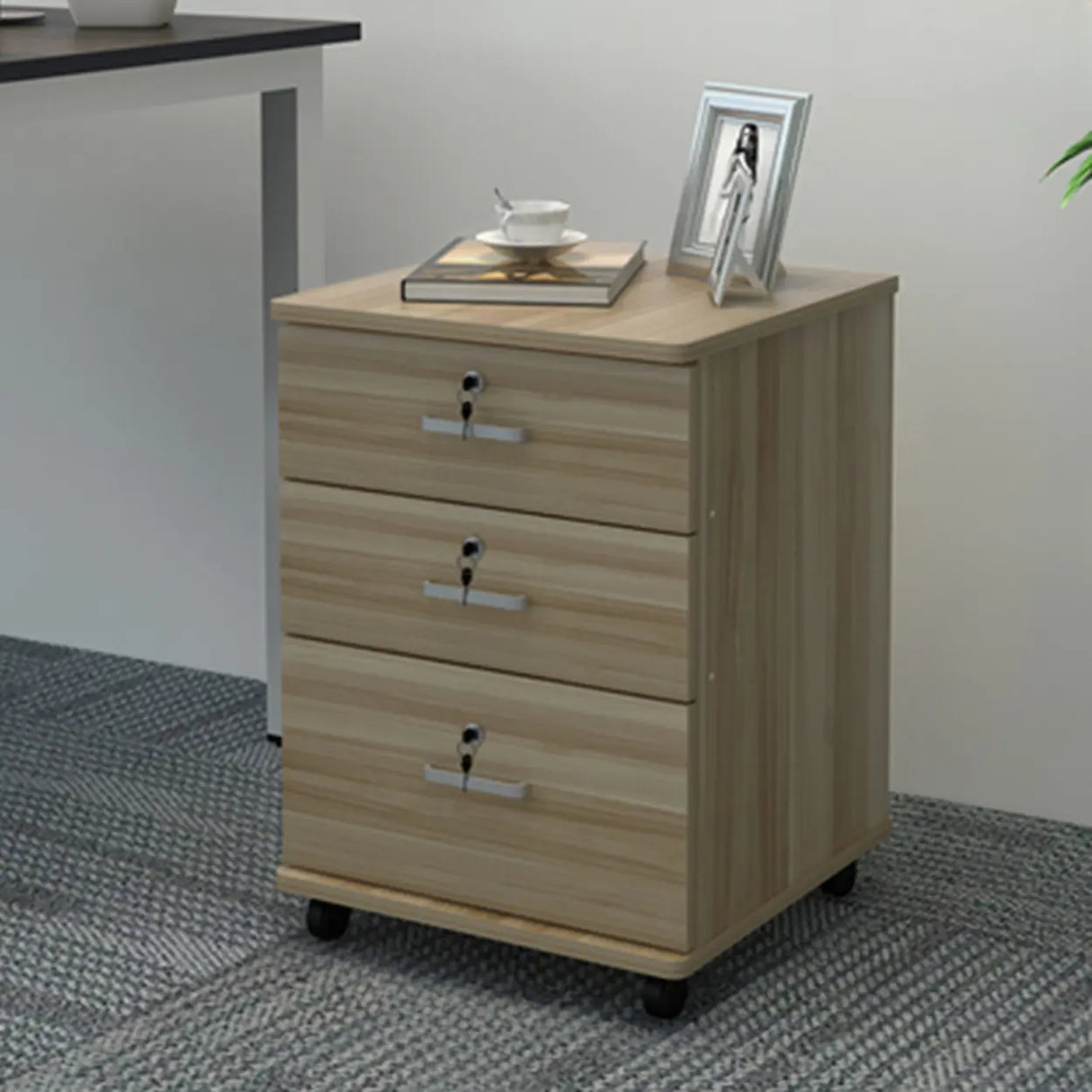 White Lockable Storage Wood Vertical Casters Filing Cabinet Image - 5