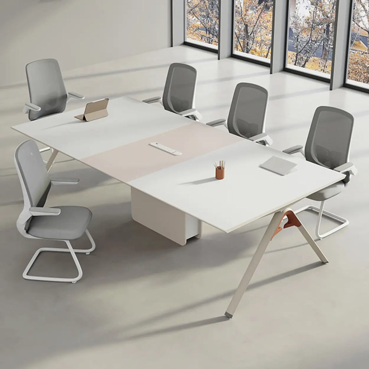 White Long Wooden Multi-person Conference Desk Image - 1