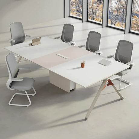 White Long Wooden Multi-person Conference Desk Image - 1
