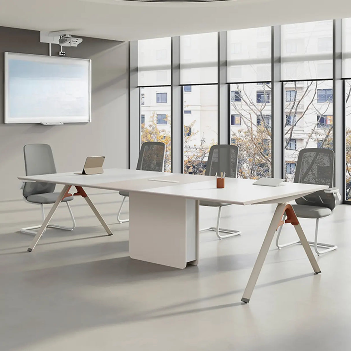 White Long Wooden Multi-person Conference Desk Image - 4